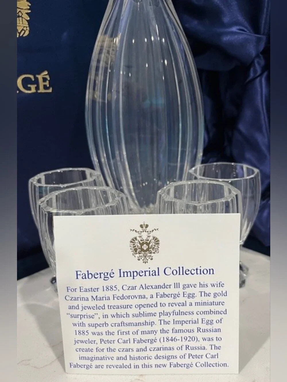 House of Faberge Czarina Crystal‎ Decanter Set 4 Liqueur Shot Glasses Case NIB